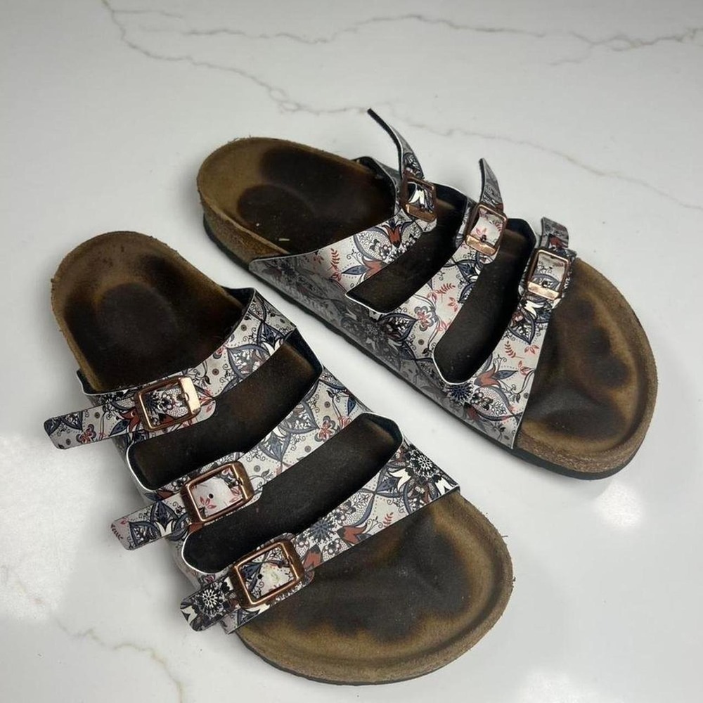Birkenstock Florida Sandals Women Paisley Floral Triple Strap Buckle Slides